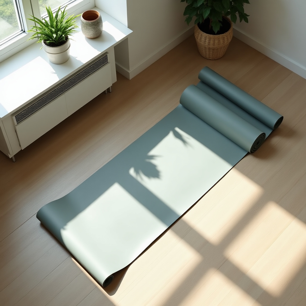 A tidy living room corner arranged as a calm movement area with a yoga mat and natural light