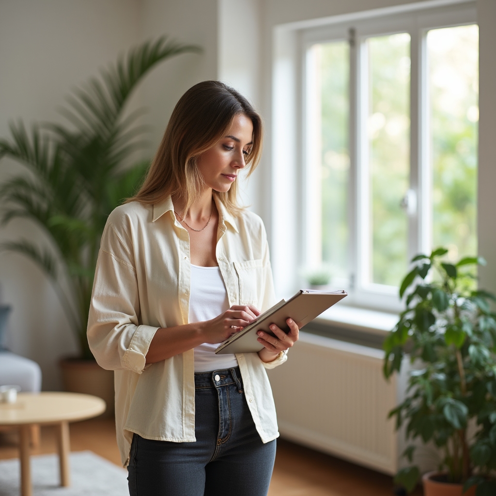 Person looking thoughtfully at a home room layout, taking notes on a notepad