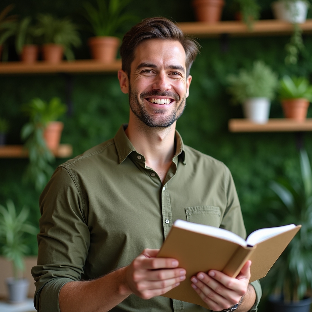 A male educator in his 40s with warm expression, in a green-walled office, holding a notebook