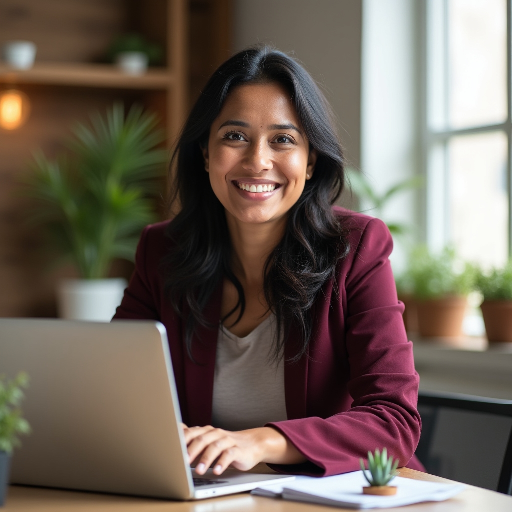 A female educator in her late 30s smiling in a sustainable office, laptop open with course materials