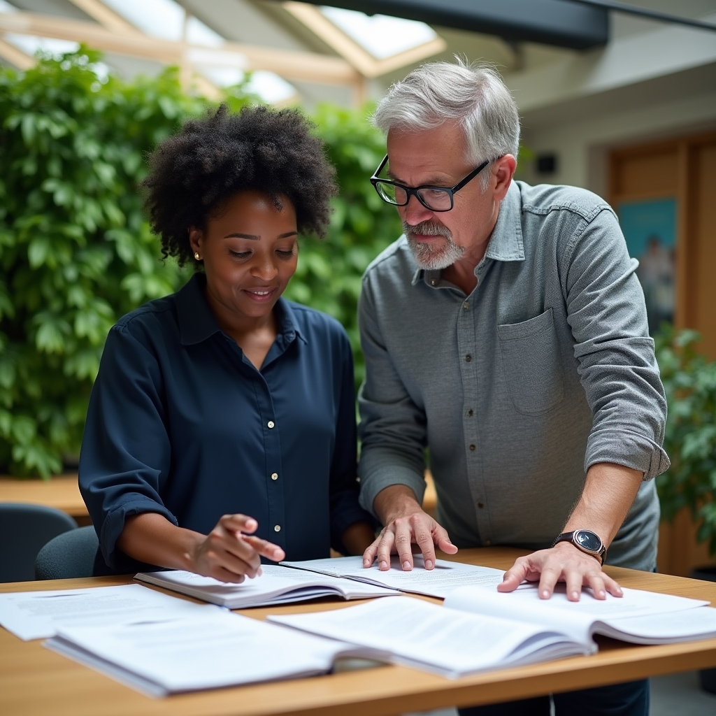 Two educators in a modern office with living walls, reviewing course materials together at a standing desk