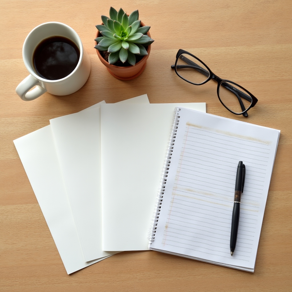 A tidy desk with printed guides, a notebook, and a coffee cup in a bright home office setting with plants