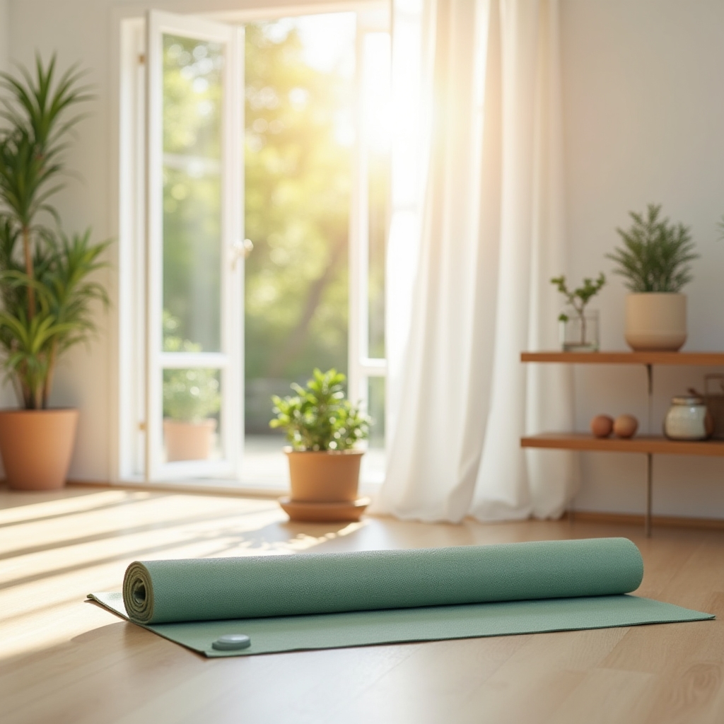 A well-organized home movement space with natural light and minimal equipment
