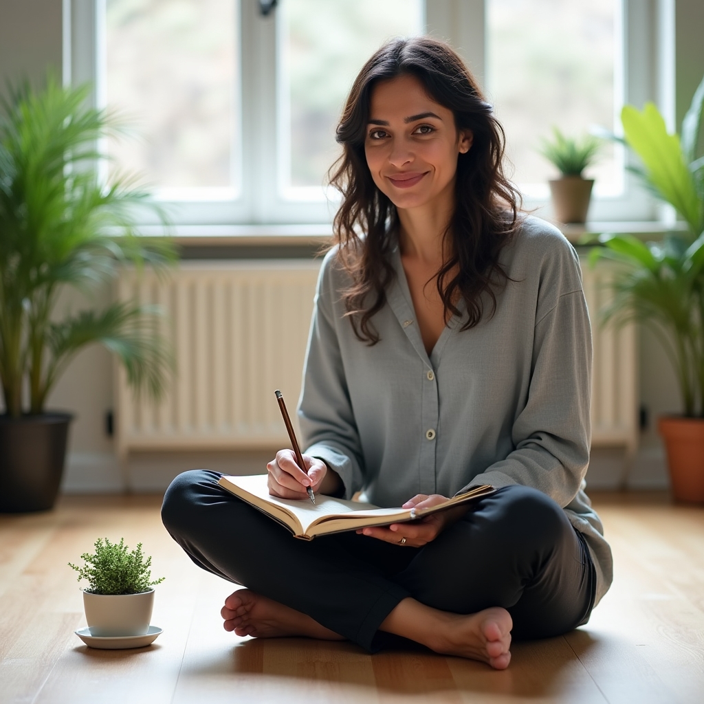 A person sitting calmly in a bright home space, journaling and reflecting on their daily routine