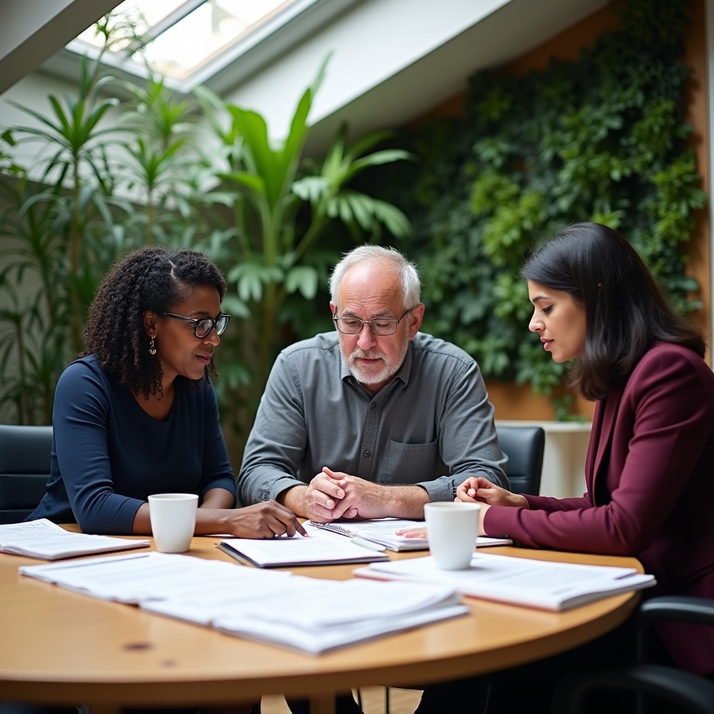 Three educators around a table in a plant-filled meeting room, reviewing printed research papers and discussing course content
